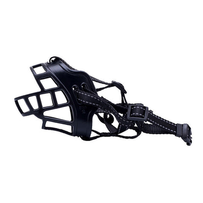 Adjustable dog muzzle for preventing random eating, biting, and barking, shown in product view
