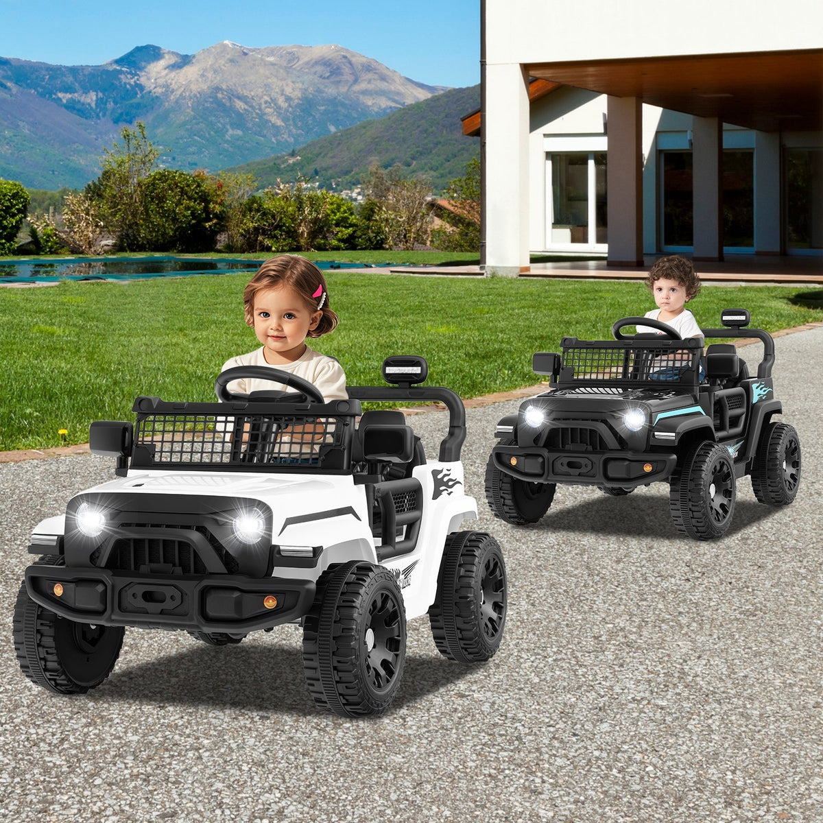 12V kids ride-on truck by GBruno Store with blue body, realistic design, and electric battery-powered features for children.