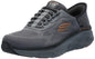 Skechers Men's DLux Walker 2.0 slip-on sneakers in charcoal and orange, featuring a comfortable design for walking and casual wear.