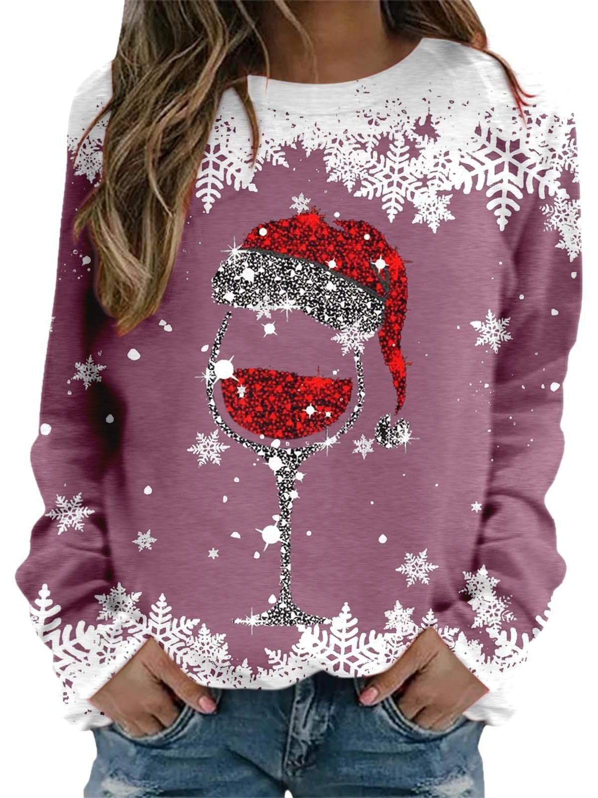 Women's round neck Christmas sweater with 3D digital print design, casual long-sleeve clothing
