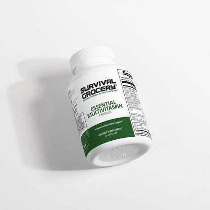 Label image of Survival Grocery® Essential Multivitamin bottle, showing the product’s vitamins and minerals supplement details.