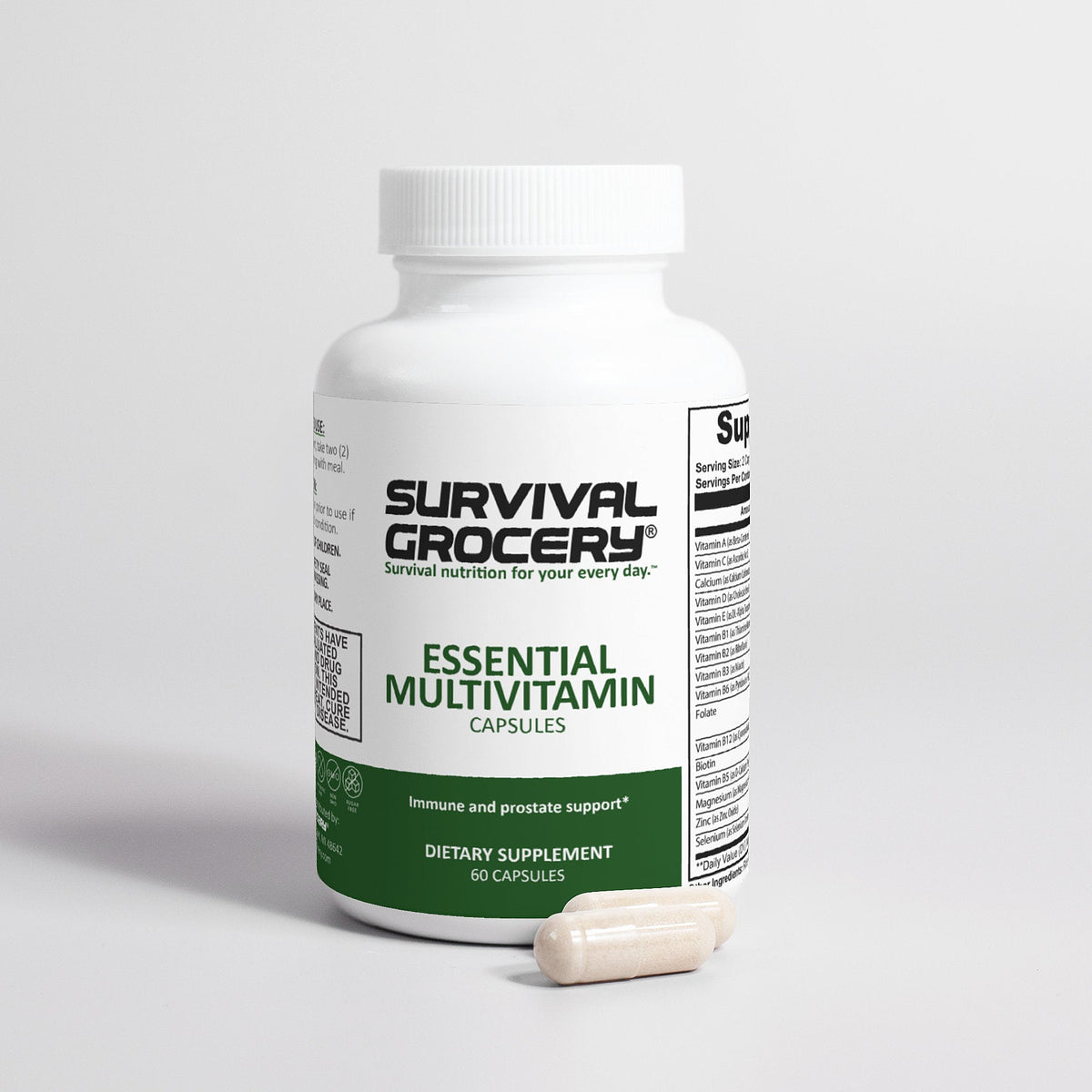 Label image of Survival Grocery® Essential Multivitamin bottle showing vitamins and minerals supplement packaging.