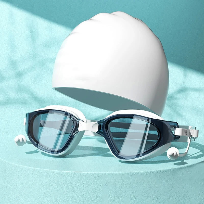 HD fog waterproof large frame swimming glasses with clear lenses and adjustable strap
