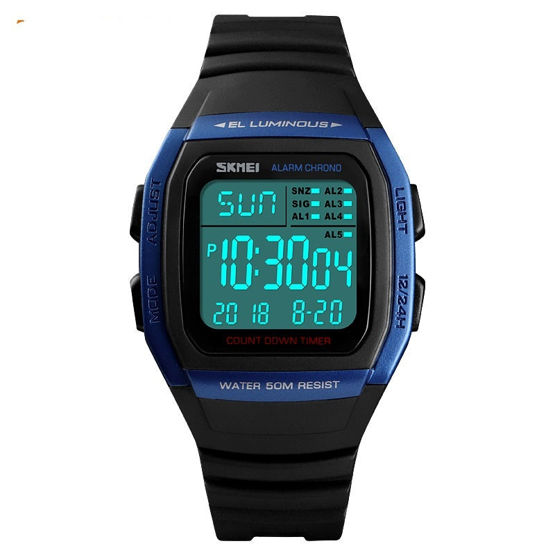 Square electronic sports watch with double time and multifunction display by My Store