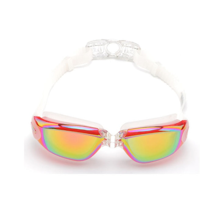 Waterproof swimming goggles with clear lenses and adjustable strap