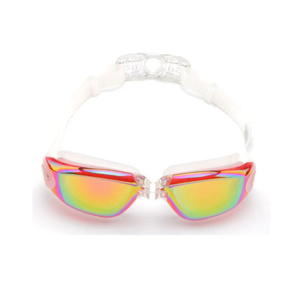 Waterproof swimming goggles with clear lenses and adjustable strap