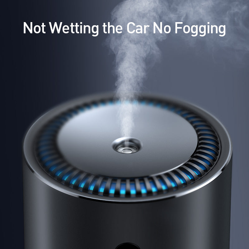 White car humidifier displayed with compact cylindrical design and mist outlet for vehicle interiors