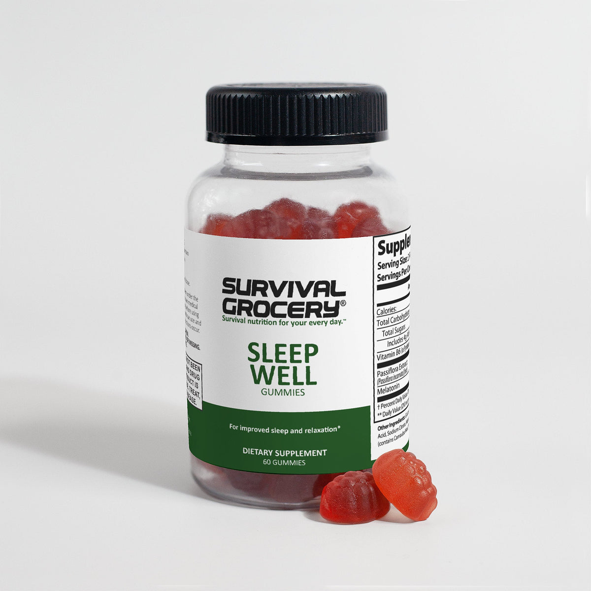 Sleep Well Gummies by Survival Grocery®, specialty supplement with natural ingredients for restful sleep, shown in the label image.