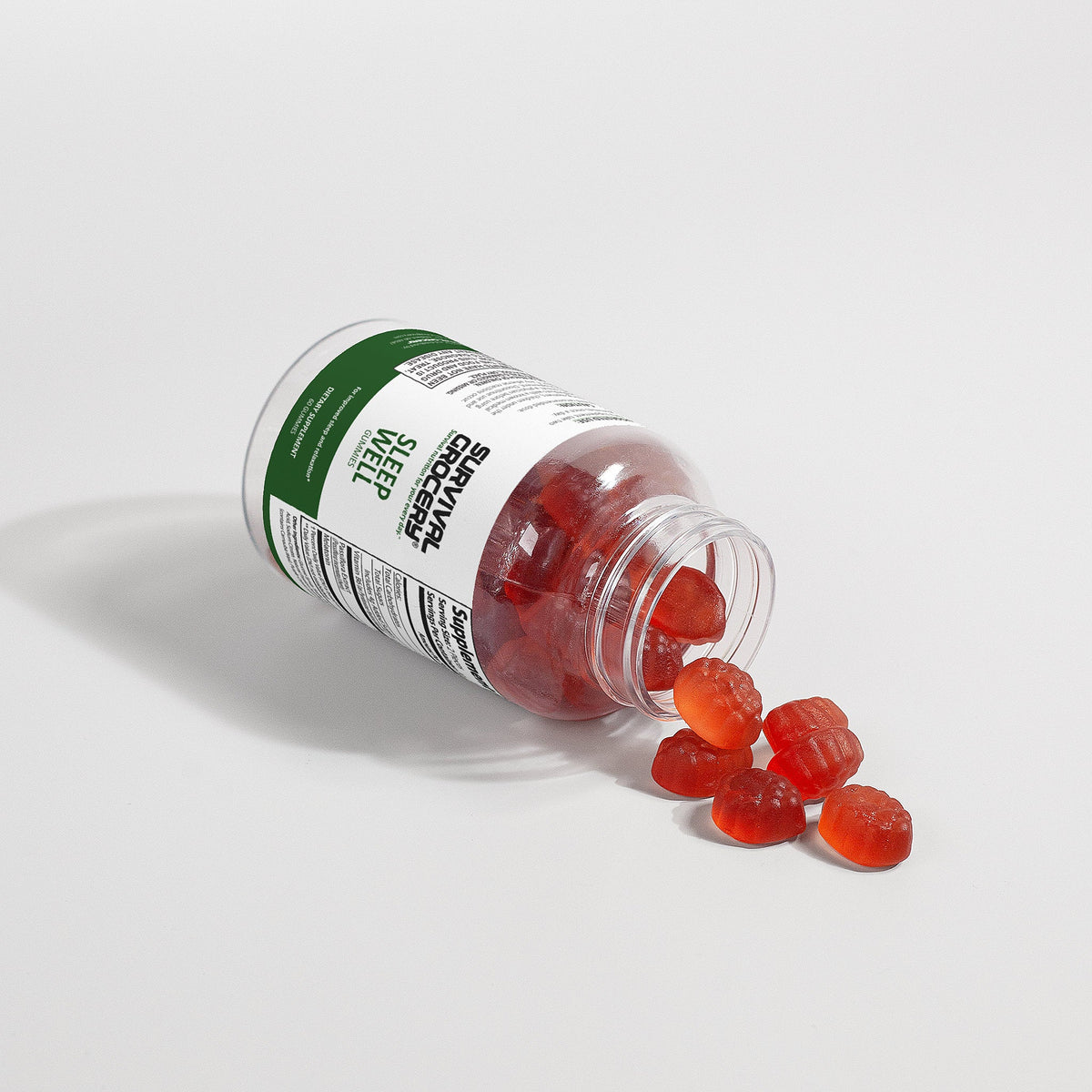 Sleep Well Gummies by Survival Grocery® specialty supplement bottle with label showing gummy vitamins for restful sleep.