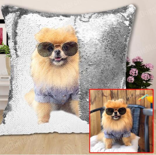 Custom photo sequins throw pillowcase with reversible sequin design, close-up product view