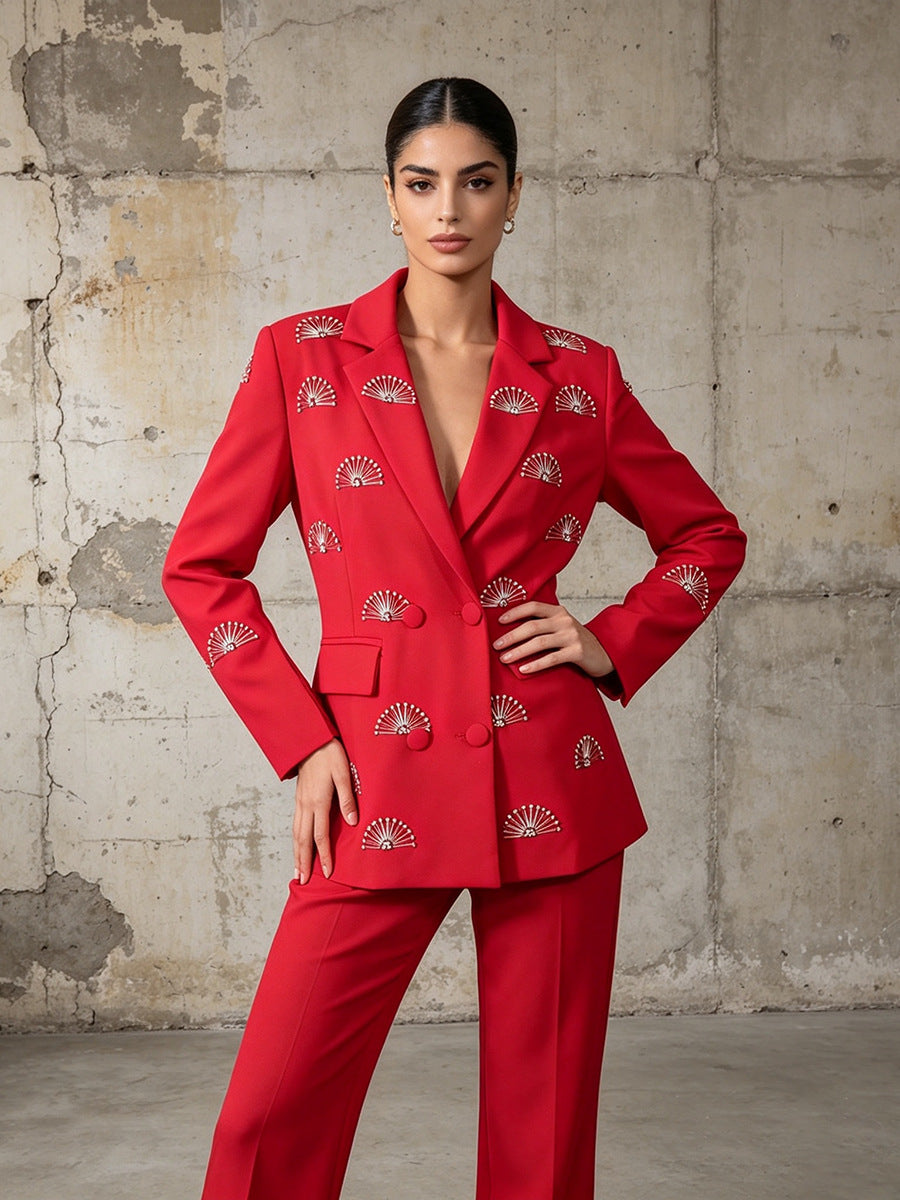 Rhinestone fan motif double-breasted tailored blazer jacket with notched lapels