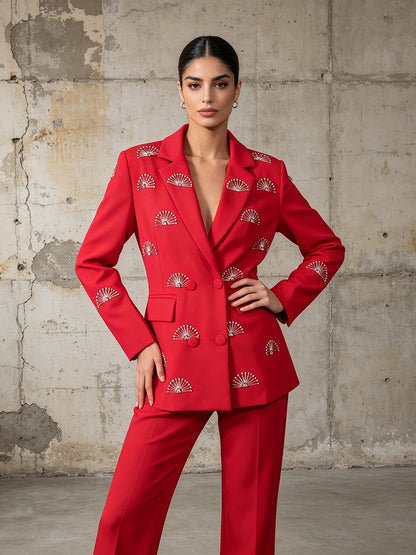 Rhinestone fan motif double-breasted tailored blazer jacket with notched lapels