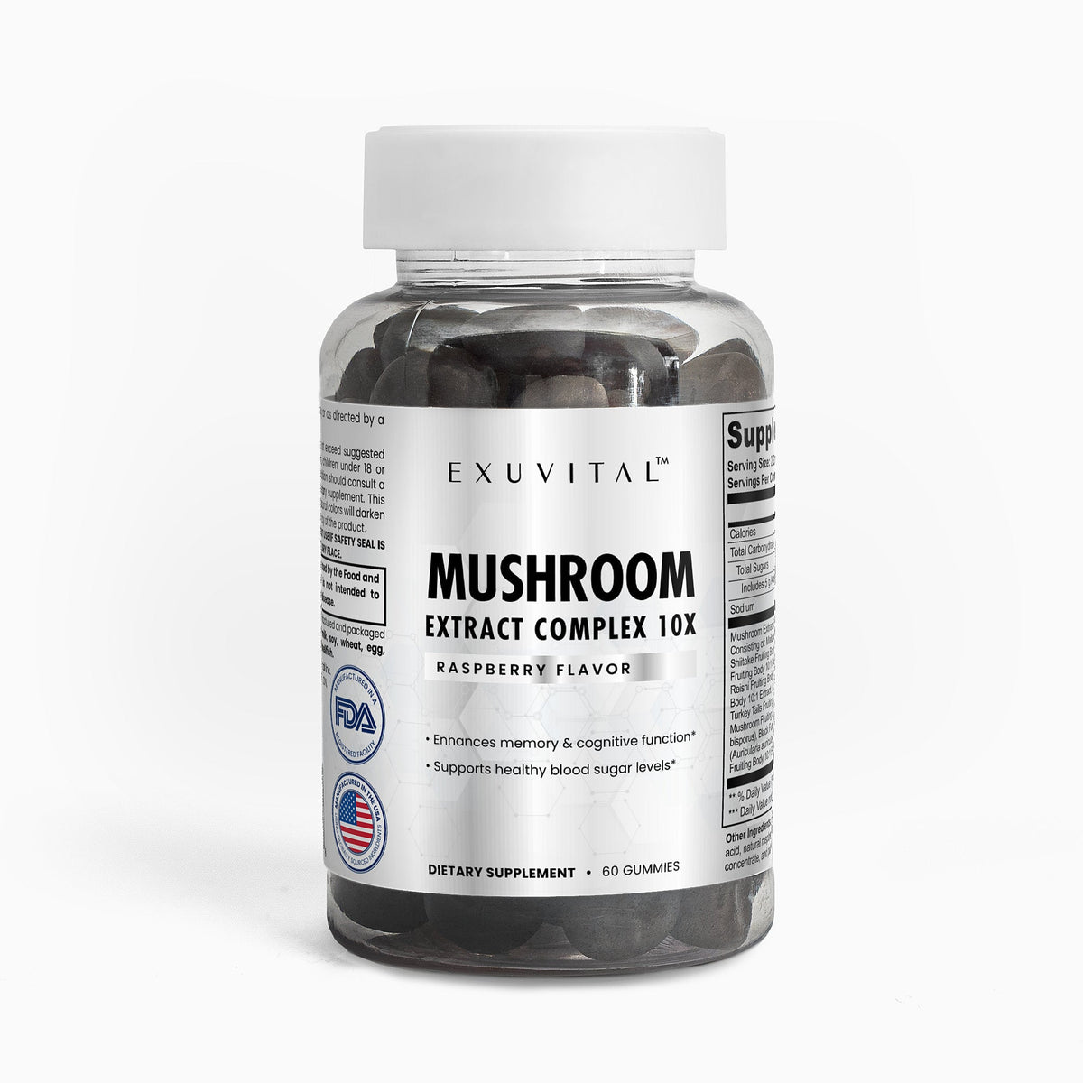 Exuvital Mushroom Extract Complex label showing capsules and ingredients in a clear, close-up view.