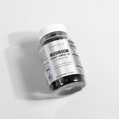 Exuvital Mushroom Extract Complex label featuring detailed information on mushroom supplement product packaging