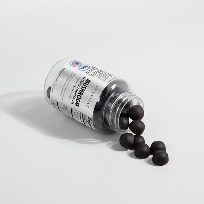 Label for Exuvital Mushroom Extract Complex, a supplement with various mushroom extracts in a clear bottle.