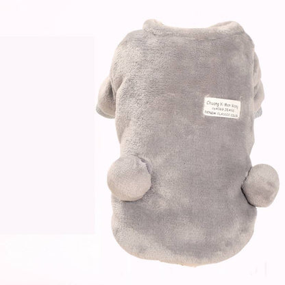 Small dog wearing an autumn and winter four-legged padded coat in a warm, protective design