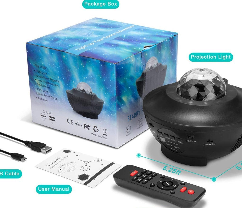 LED Bluetooth music projector light with colorful starry projection and built-in speaker