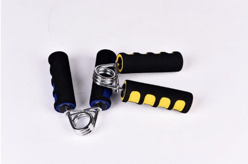 Fitness hand gripper with textured black handles and adjustable resistance spring mechanism