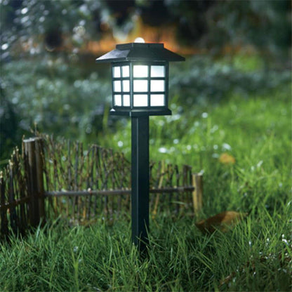 Solar square lawn light with modern black frame, solar panel, and warm LED illumination for outdoor pathways