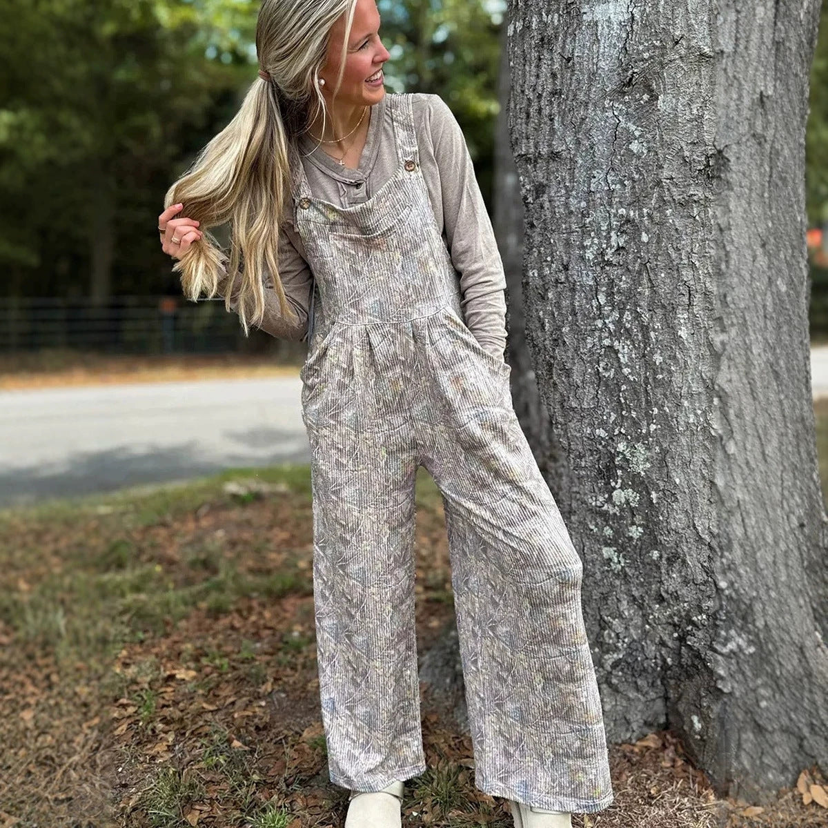 High-waisted camo-print jumpsuit with pockets by My Store