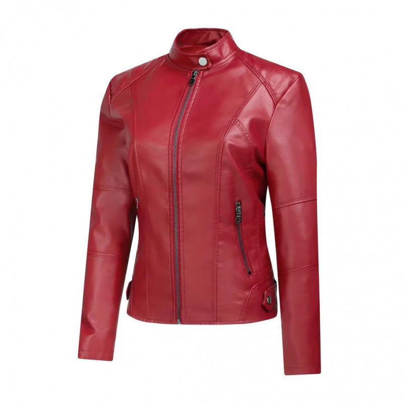 Women's fashionable short washed-leather zip-up jacket by My Store