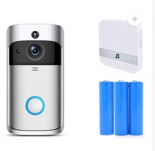 Wireless video camera ringer doorbell in black, showing front camera lens and doorbell button
