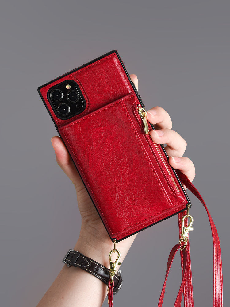 Crossbody backpack-style coin card case phone case with adjustable strap and compact design