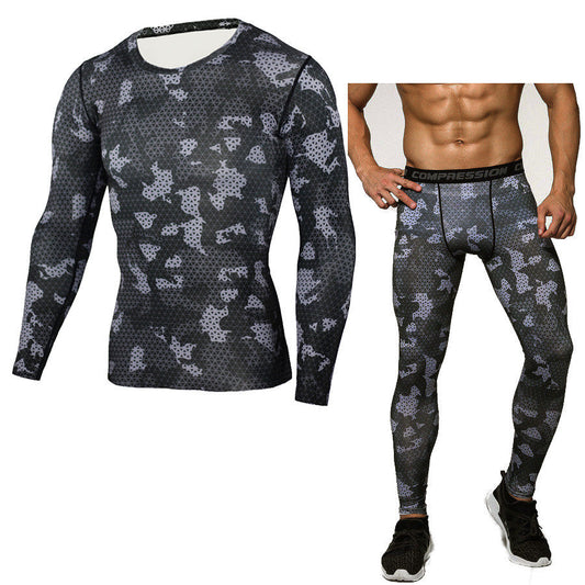 Camouflage compression baselayer set for men with long sleeve shirt and matching tights