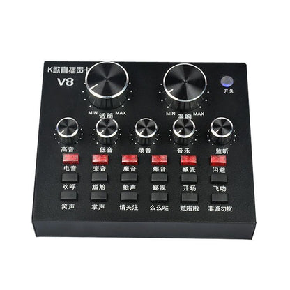 V8 universal mobile computer sound card with compact black audio mixer design
