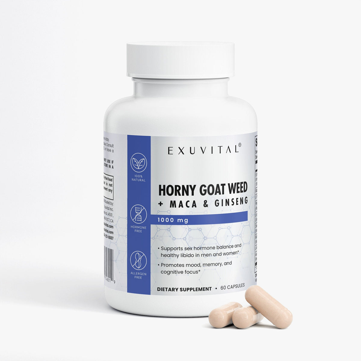 Exuvital Horny Goat Weed Blend bottle for sexual and reproductive wellness, with product label visible in the image.