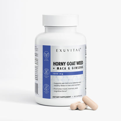 Exuvital Horny Goat Weed Blend bottle for sexual and reproductive wellness, with product label visible in the image.