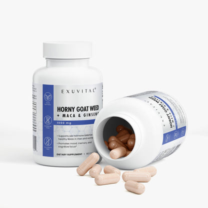 Exuvital Horny Goat Weed Blend label showing natural supplement for sexual and reproductive wellness in a bottle.