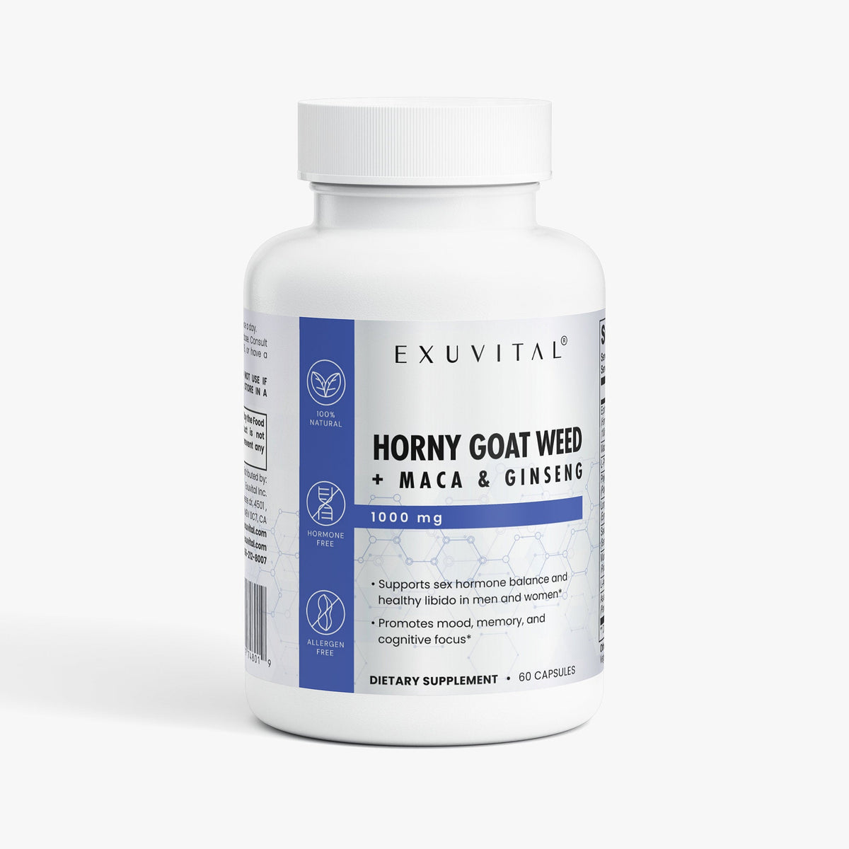Exuvital Horny Goat Weed Blend label showing natural herbal supplement for sexual and reproductive wellness.