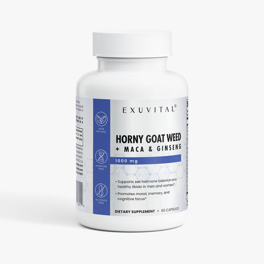 Exuvital Horny Goat Weed Blend label showing natural herbal supplement for sexual and reproductive wellness.