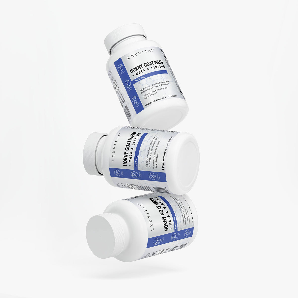 Exuvital Horny Goat Weed Blend supplement label for sexual and reproductive wellness with natural herbal ingredients.