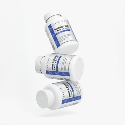 Exuvital Horny Goat Weed Blend supplement label for sexual and reproductive wellness with natural herbal ingredients.