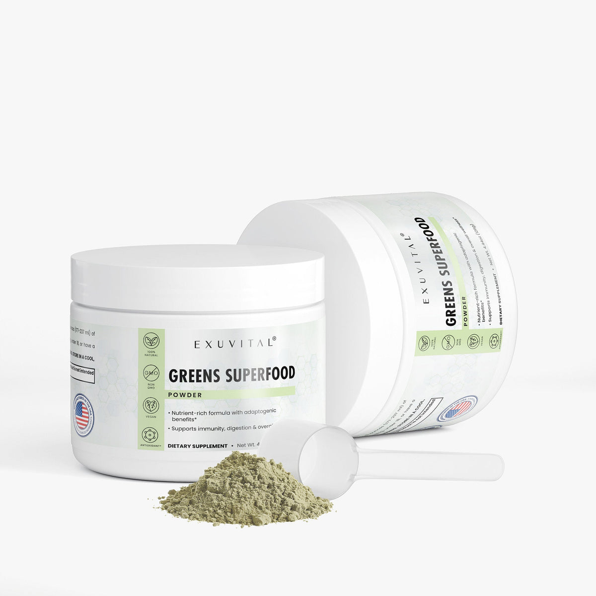 Container of Exuvital Greens Superfood powder with label showing vibrant green leaves and product details.