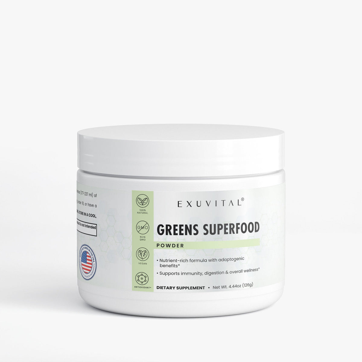 Image of Exuvital Greens Superfood label showing vibrant green powder packaging and nutritional information.