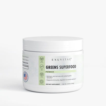 Image of Exuvital Greens Superfood label showing vibrant green powder packaging and nutritional information.