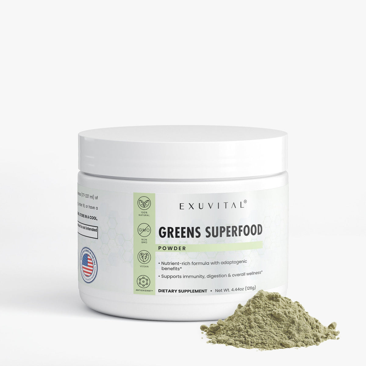Exuvital Greens Superfood powder in a jar with a label, showcasing vibrant green superfood blend for health and wellness.