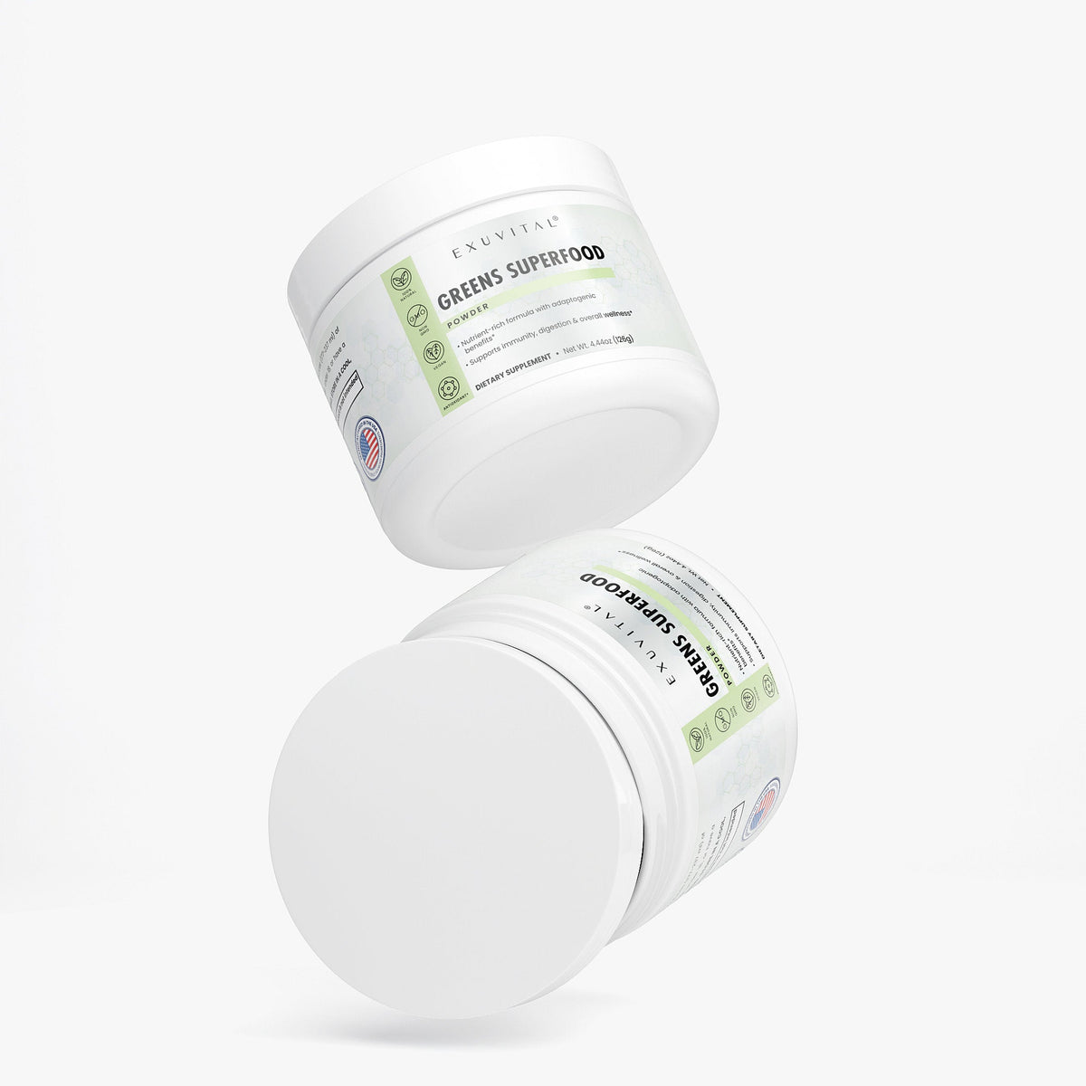 Exuvital Greens Superfood powder in a jar, featuring a vibrant green label with product details and branding.