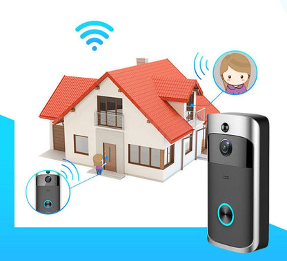 Wireless video camera ringer doorbell in black with built-in camera and doorbell button