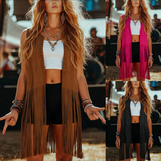 Suede tassel shawl sleeveless vest jacket in a soft, textured designeriwa