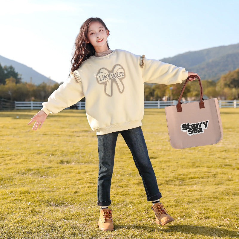 Girls' fleece-lined sweater for autumn and winter clothing, soft warm design