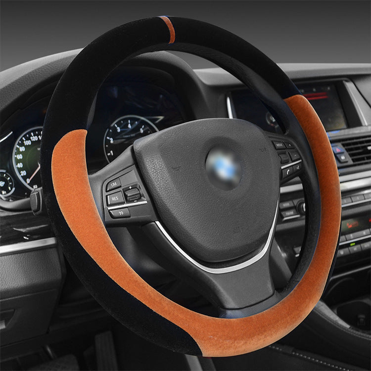Winter short plush flocking steering wheel cover, soft gray automotive accessory close-up