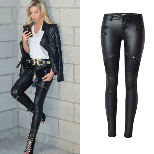 Black leather pants by Null, style 7, featuring a sleek fit with detailed stitching and a smooth leather finish.