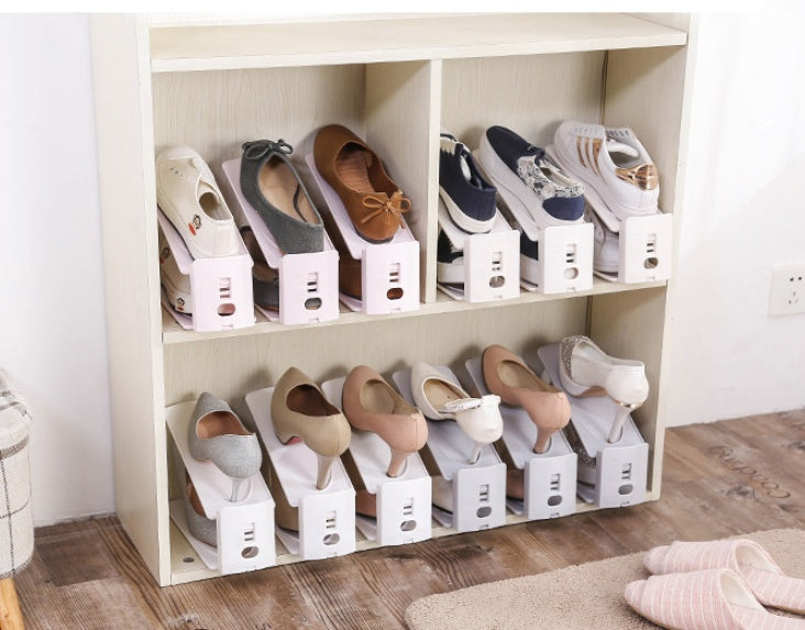 Shoe storage rack with multiple shelves for organizing footwear, shown in a compact freestanding design