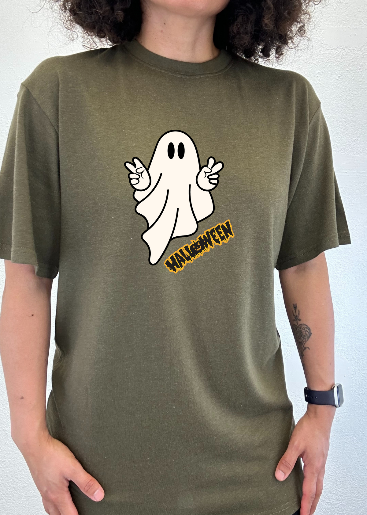 Unisex Halloween ghost graphic T-shirt by Spun Bamboo, short sleeve, made from bamboo viscose and organic cotton, with printed design.