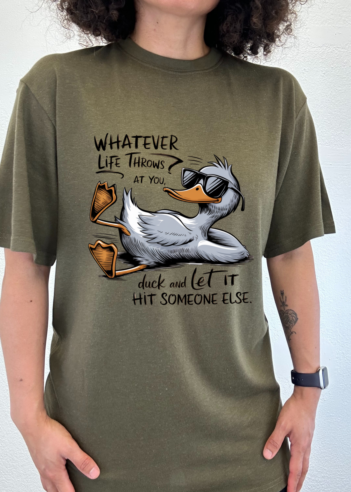 Mens Spun Bamboo graphic T-shirt with humorous "Whatever Life Throws at You" print in bamboo and cotton fabric.