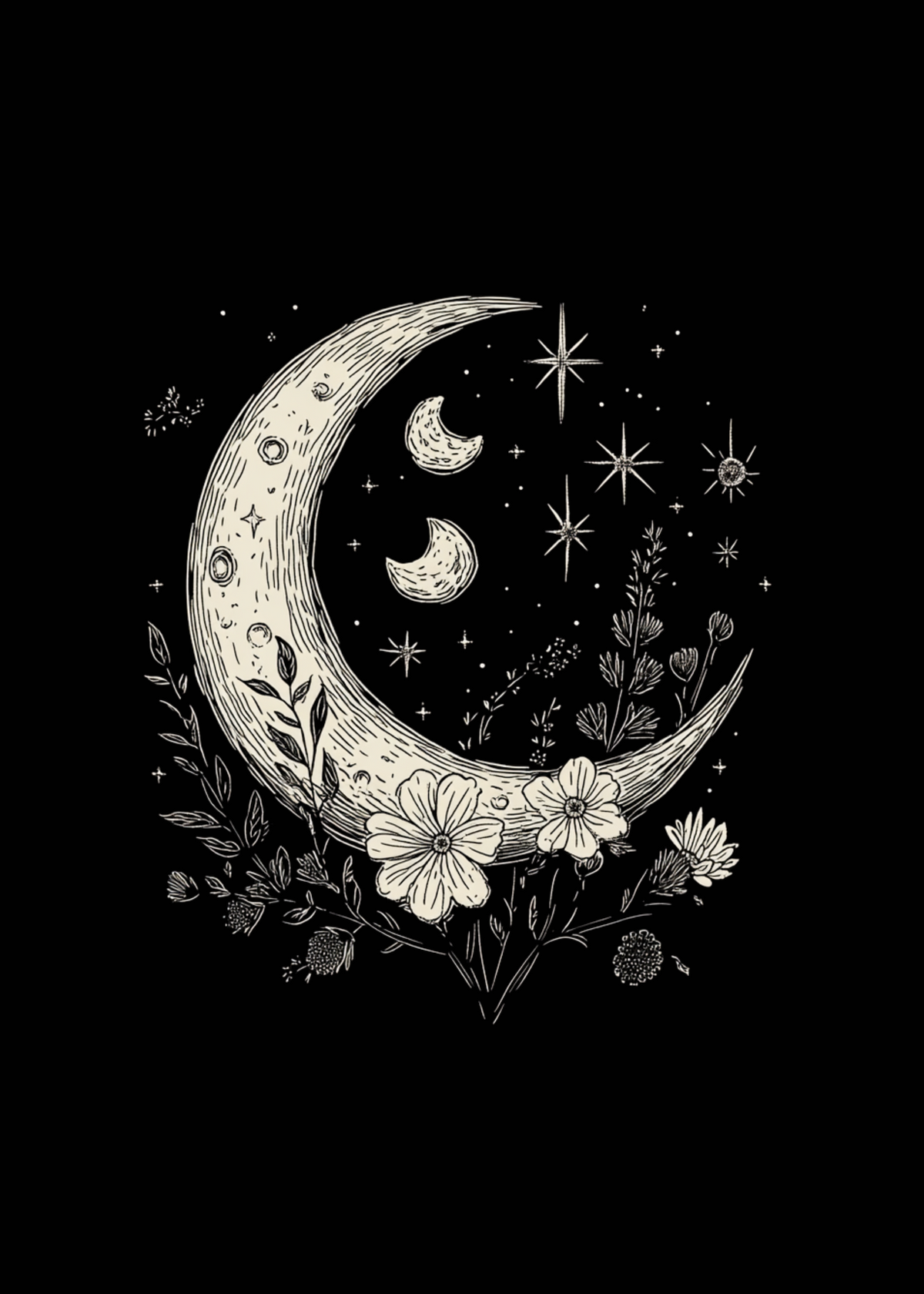 Mens Spun Bamboo Moons and Stars boho floral graphic T-shirt with vintage unisex bamboo and cotton design featuring celestial and floral motifs.